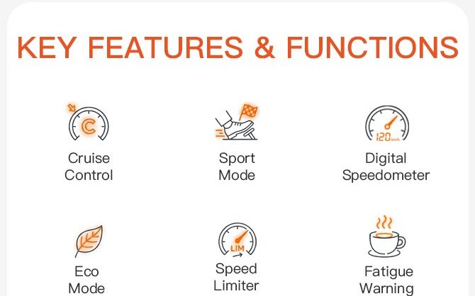 Key features: cruise control, sport mode, digital speedo, eco mode, speed limiter, fatigue warning