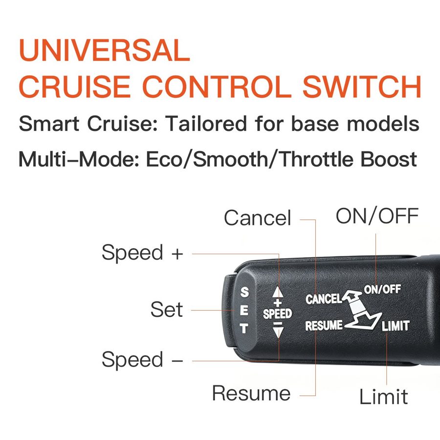 Universal cruise control stalk with set, resume, speed and limit buttons